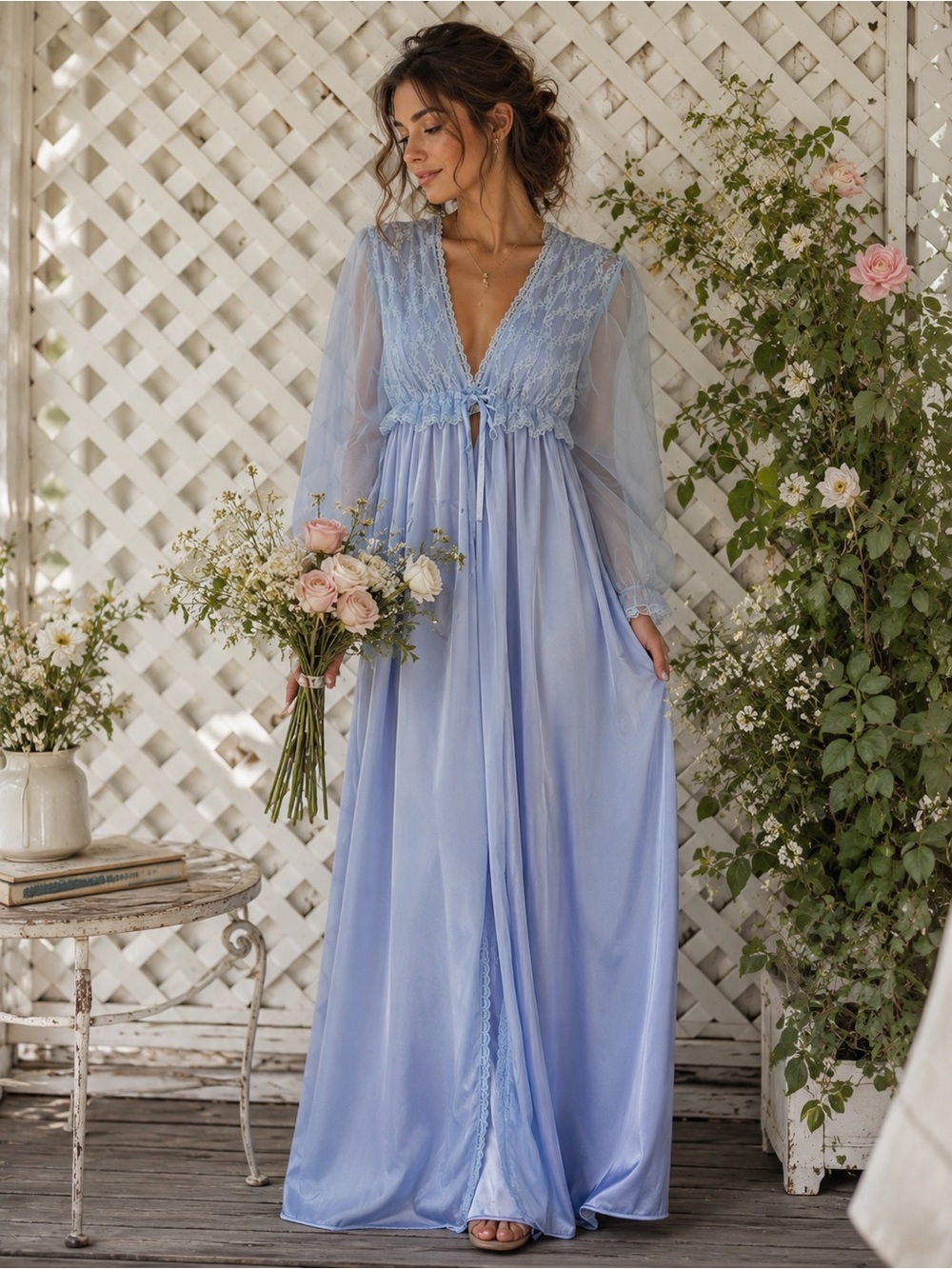 Stardust Vintage Lace Peignoir Set Nightgown & Sheer Robe Romantic Cottagecore M